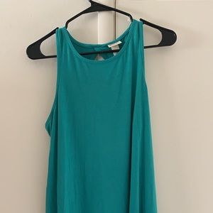 Teal dress with cutout in the back.